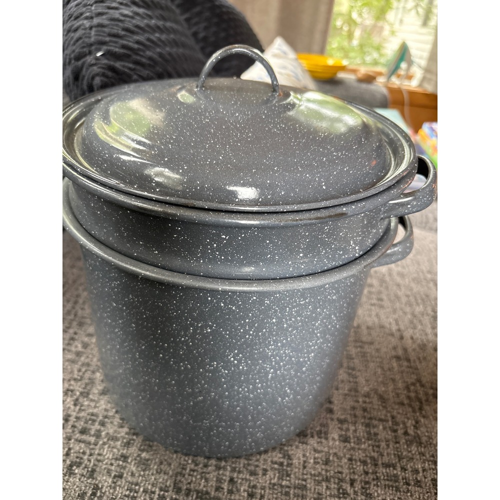 Vintage Grey Speckled Granite Ware Enamel Steamer Pot Set with Lid 3 Piece